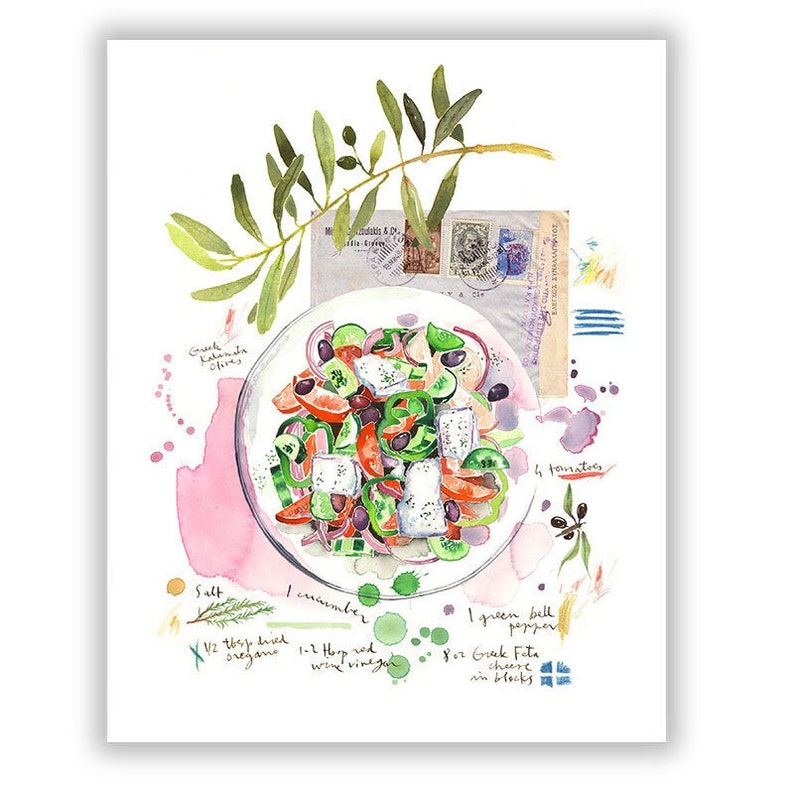 Greek Salad watercolor art print, Kitchen art, Food illustration print, Greece artwork, Mediterranean recipe poster, Greek painting Wall art image 2