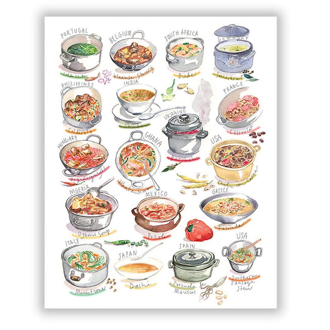Food Around the World Poster, Kitchen Wall Art, Cooking Print, Watercolor Painting, Types of