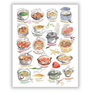 Food around the world poster, Kitchen wall art, Cooking print, Watercolor painting, Types of food art, Soup poster, World food illustration