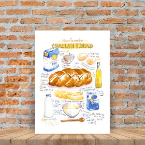 Challah recipe print, Jewish wall art, Watercolor painting, Israeli kitchen decor, Shabbat food poster, Bakery artwork, Bread illustration image 6