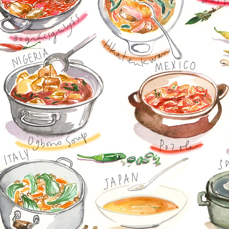 Food Around the World Poster Kitchen Wall Art Cooking Print Etsy