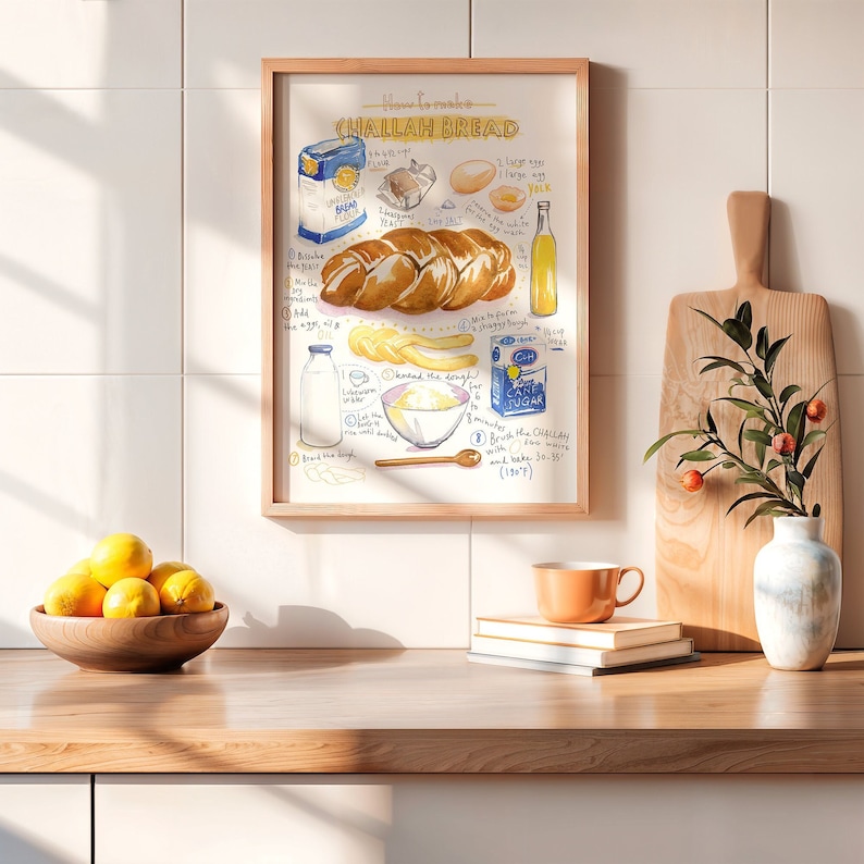 Challah recipe print, Jewish wall art, Watercolor painting, Israeli kitchen decor, Shabbat food poster, Bakery artwork, Bread illustration image 8