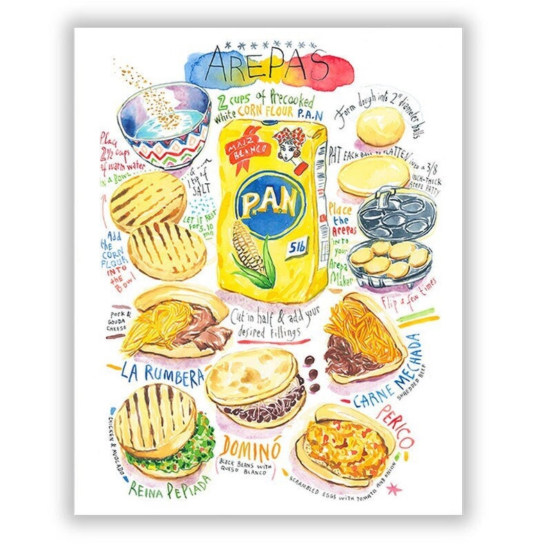 Arepas recipe print, Watercolor South American kitchen wall art, Venezuelan food poster, Latin American cooking gift, Colombian home decor image 1