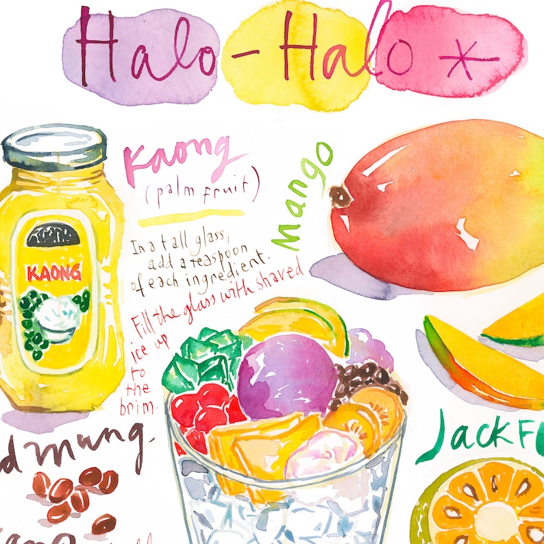 Filipino Halo-Halo recipe print, Colorful kitchen art, Watercolor painting, Asian restaurant decor, Dessert artwork, Indonesia food poster image 2