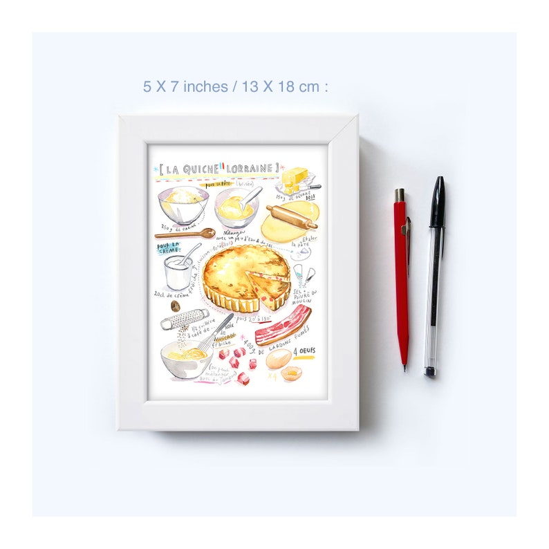 French cuisine poster, Quiche Lorraine recipe print, Watercolor painting, Food artwork, European kitchen wall art, France restaurant decor image 6