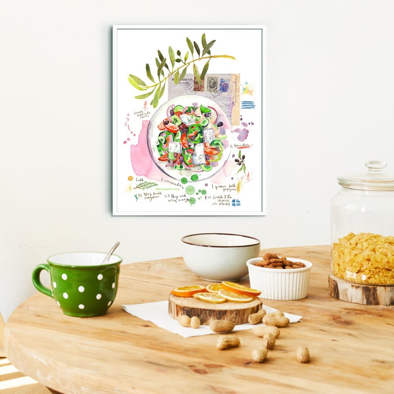 Greek Salad watercolor art print, Kitchen art, Food illustration print, Greece artwork, Mediterranean recipe poster, Greek painting Wall art image 1