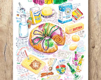 King Cake Recipe Watercolor Print: Louisiana Mardi Gras Artwork, New Orleans Kitchen Wall Art