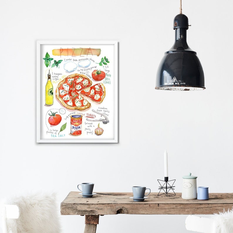 Pizza, Recette illustrée, Aquarelle, décoration cuisine, affiche cuisine, art culinaire, Cuisine italienne, décor cuisine, Lucileskitchen image 1