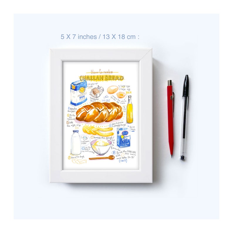 Challah recipe print, Jewish wall art, Watercolor painting, Israeli kitchen decor, Shabbat food poster, Bakery artwork, Bread illustration image 7