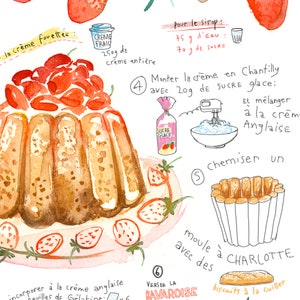 Strawberry shortcake recipe print, French Kitchen decor, Food art, Red home decor, Watercolor recipe art print, Cake painting, Bakery print image 4