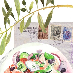 Greek Salad watercolor art print, Kitchen art, Food illustration print, Greece artwork, Mediterranean recipe poster, Greek painting Wall art image 5