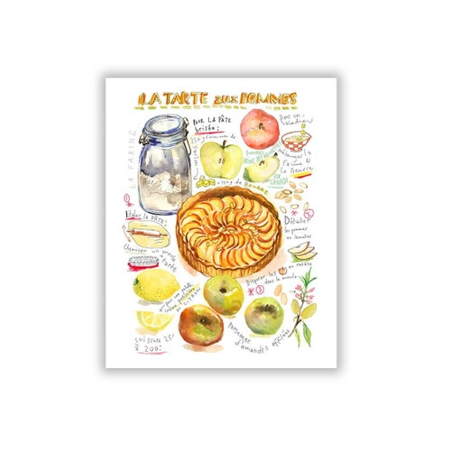 Apple Tart recipe poster, French cuisine print, Watercolor painting, Kitchen art, Restaurant wall decor, Bakery artwork, France food gift