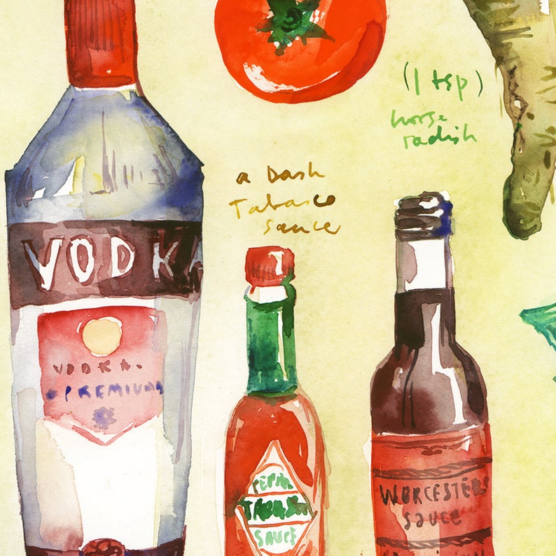 Recette du Bloody Mary Illustration Cocktail Aquarelle Etsy France