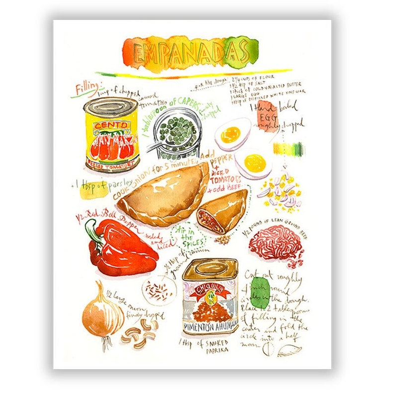 Empanadas recipe poster, Latin America wall art, South American cuisine print, Watercolor painting, Spanish kitchen decor, Colorful food art image 1