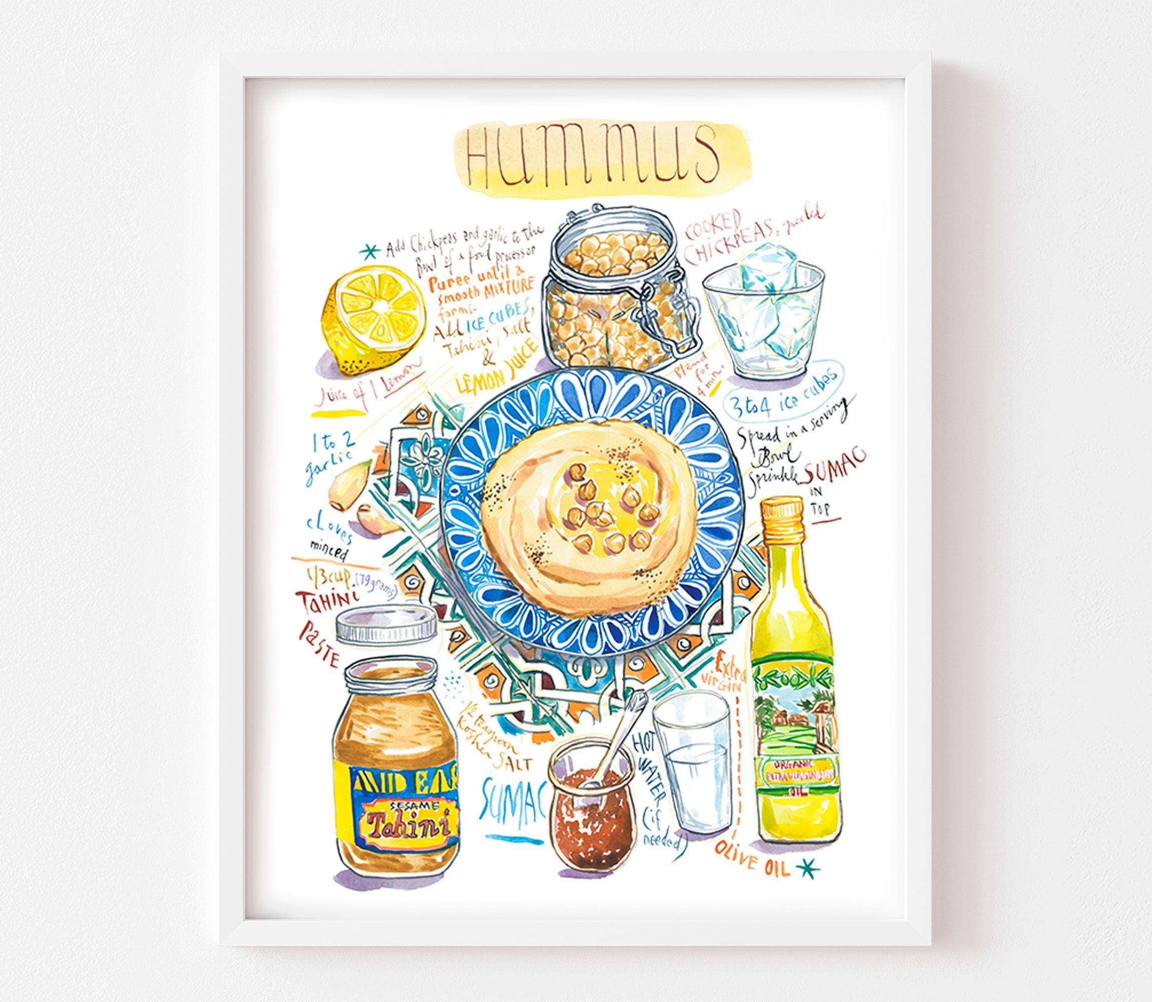 Hummus recipe fine art print, Watercolor painting, Middle-Eastern cuisine, Mediterranean cuisine wall art, Blue kitchen decor, Food artwork