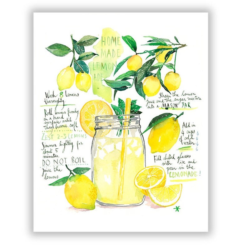 Lemonade recipe print, Yellow and green kitchen decor, Bright wall art, Lemon Watercolor painting, Drink artwork, Homemade summer soft drink image 1