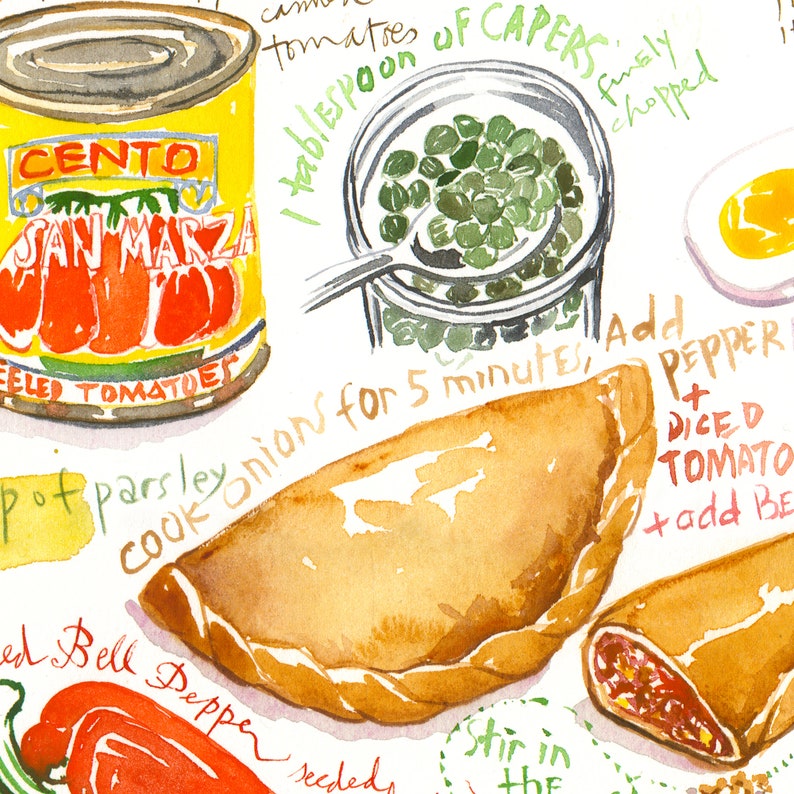 Empanadas recipe poster, Latin America wall art, South American cuisine print, Watercolor painting, Spanish kitchen decor, Colorful food art image 2