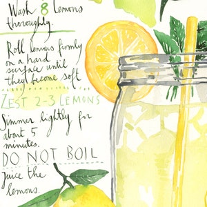 Lemonade recipe print, Yellow and green kitchen decor, Bright wall art, Lemon Watercolor painting, Drink artwork, Homemade summer soft drink image 3