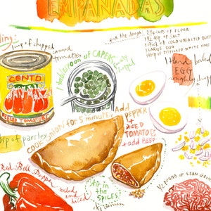 Empanadas recipe poster, Latin America wall art, South American cuisine print, Watercolor painting, Spanish kitchen decor, Colorful food art image 4