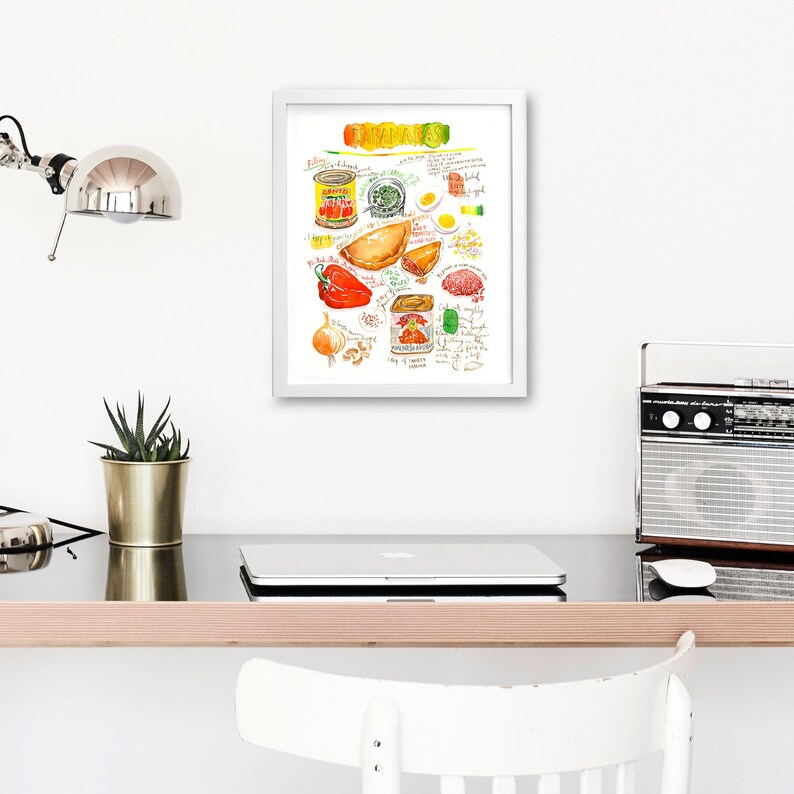 Empanadas recipe poster, Latin America wall art, South American cuisine print, Watercolor painting, Spanish kitchen decor, Colorful food art image 5