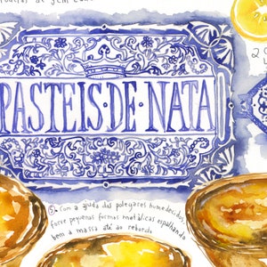 Pasteis de Nata recipe poster, Signed fine art print, Portugal food artwork, Watercolor Portuguese pastry, Blue kitchen wall art, Home decor image 3