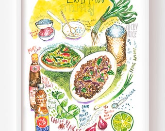 May include: A framed watercolor illustration titled LarB Moo featuring Thai ingredients and dishes. It depicts minced pork, sticky rice in a woven basket, green papaya salad, fish sauce bottles, lime, shallots, mint, and text labels for each item.