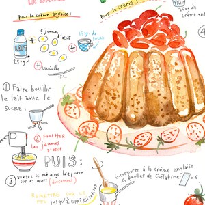 Strawberry shortcake recipe print, French Kitchen decor, Food art, Red home decor, Watercolor recipe art print, Cake painting, Bakery print image 2