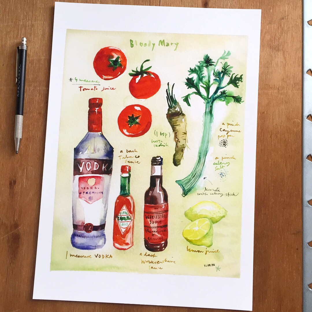 Bloody Mary Recipe Illustration Print Colorful Kitchen Decor - Etsy