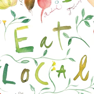 Eat Local kitchen art print, Vegetable Fruit poster, Colorful kitchen print, Green kitchen decor, Kitchen wall art, Watercolor quote poster image 5