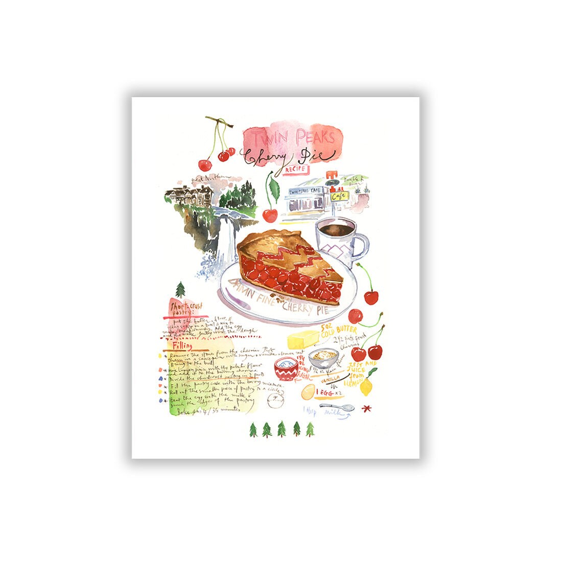 Twin Peaks Double R Diner Cherry Pie Recipe Poster Watercolor - Etsy
