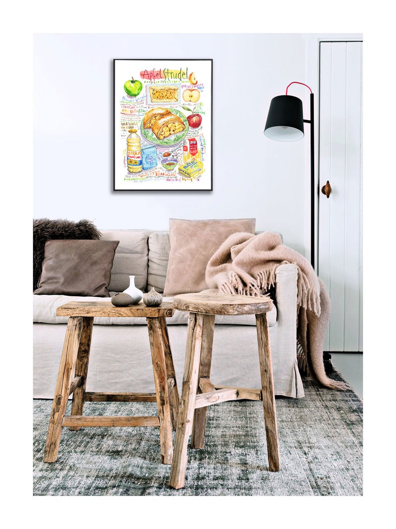 German Apple Strudel recipe illustration print, Watercolor painting, Austrian cuisine poster, Colorful pastry art, European kitchen decor image 8