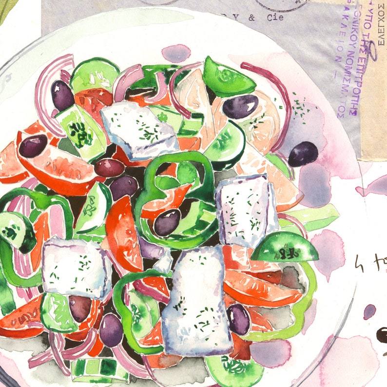 Greek Salad watercolor art print, Kitchen art, Food illustration print, Greece artwork, Mediterranean recipe poster, Greek painting Wall art image 3