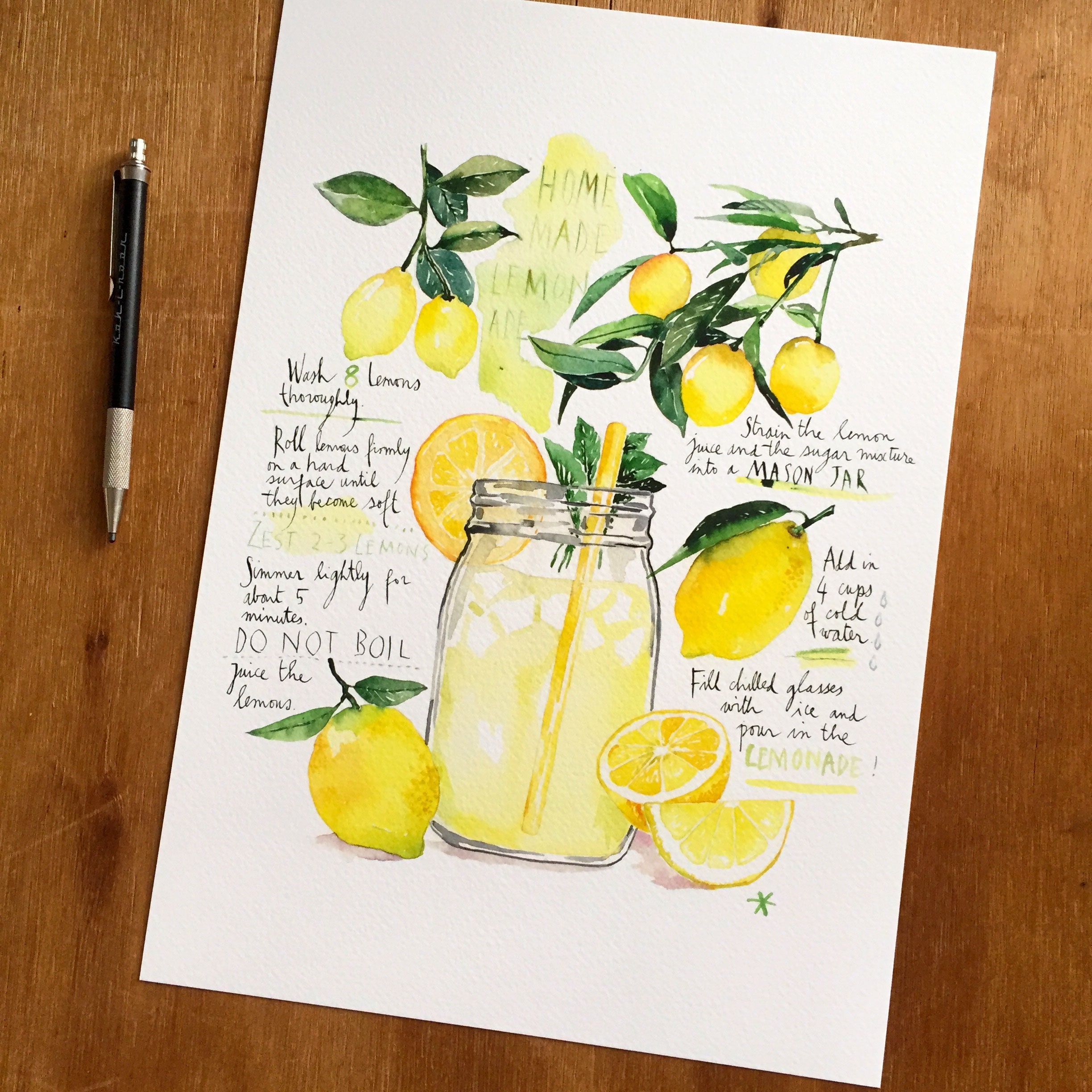 Lemonade Recipe Print Yellow and Green Kitchen Decor Bright