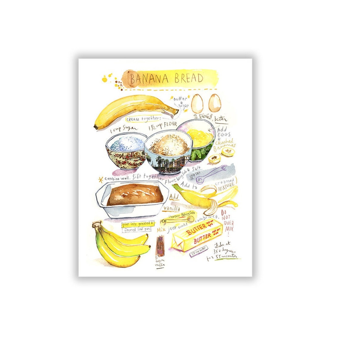 Banana Bread Recipe Print Yellow Kitchen Decor Watercolor - Etsy