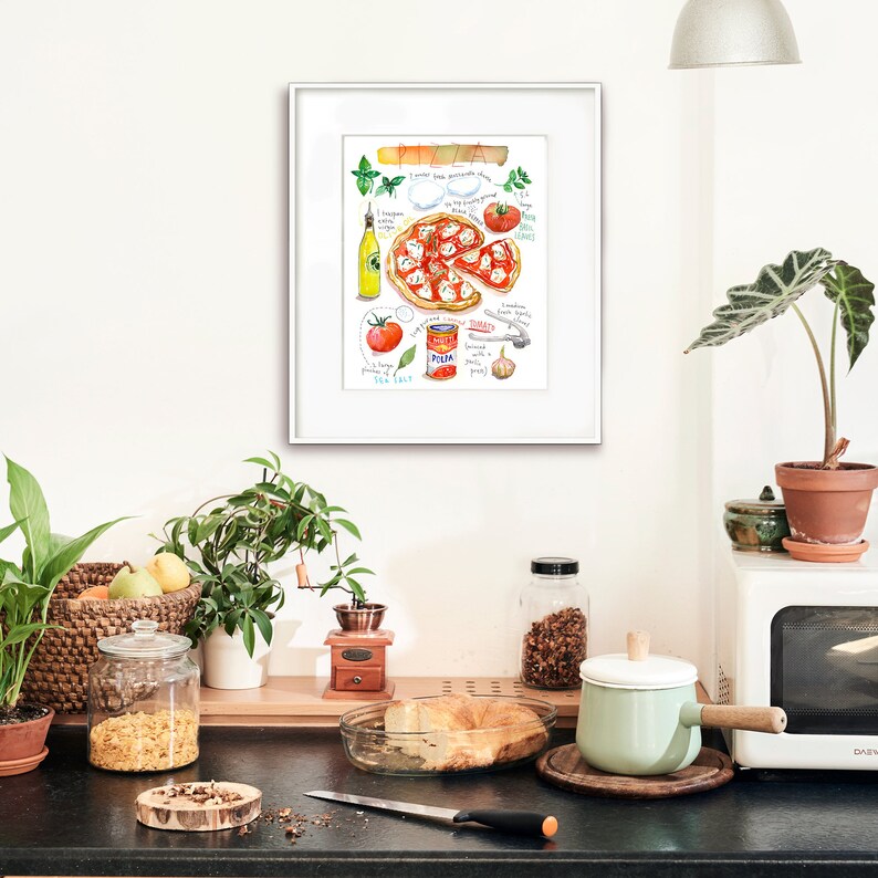 Neapolitan Pizza print, Italy food poster, Recipe artwork, Watercolor painting, Italian kitchen decor, European cuisine, Colorful wall art image 8