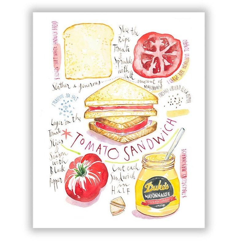Tomato Sandwich recipe print, Southern food poster, Red kitchen wall art, North Carolina cuisine poster, Watercolor chef gift, Kitchen decor Bild 4