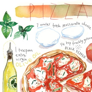 Pizza, Recette illustrée, Aquarelle, décoration cuisine, affiche cuisine, art culinaire, Cuisine italienne, décor cuisine, Lucileskitchen image 3