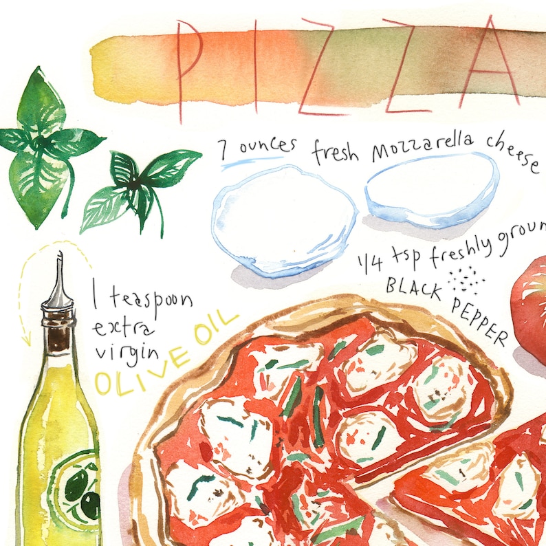 Neapolitan Pizza print, Italy food poster, Recipe artwork, Watercolor painting, Italian kitchen decor, European cuisine, Colorful wall art image 3