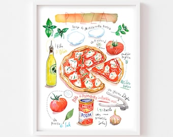Neapolitan Pizza fine art print, Watercolor painting, Italy food, Recipe artwork, Italian kitchen decor, European cuisine, Colorful wall art