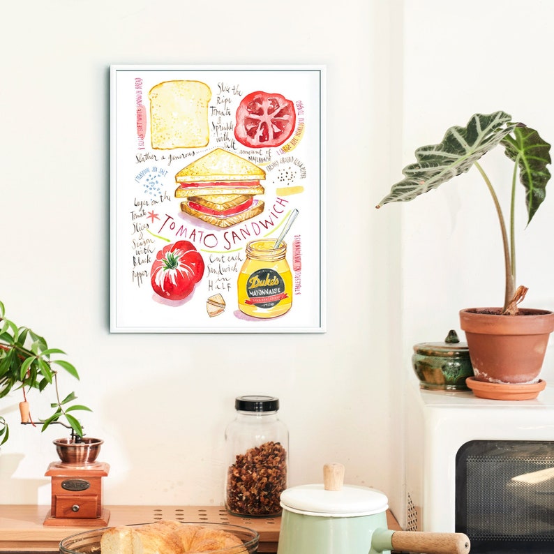 Tomato Sandwich recipe print, Southern food poster, Red kitchen wall art, North Carolina cuisine poster, Watercolor chef gift, Kitchen decor Bild 1