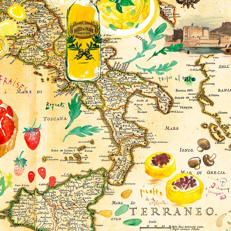 Italy food map poster, Watercolor illustrated map print, Italian kitchen wall art, European cuisine painting, Dining room decor, Italy gift image 2