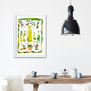 Olive oil watercolor print, Provence France painting, French kitchen poster, Food artwork, Yellow kitchen wall art, European illustration image 9
