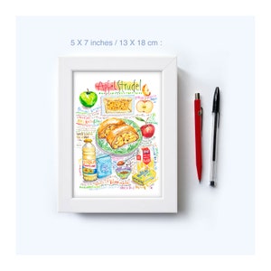 German Apple Strudel recipe illustration print, Watercolor painting, Austrian cuisine poster, Colorful pastry art, European kitchen decor image 7