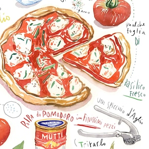 Neapolitan Pizza print, Italy food poster, Recipe artwork, Watercolor painting, Italian kitchen decor, European cuisine, Colorful wall art image 6