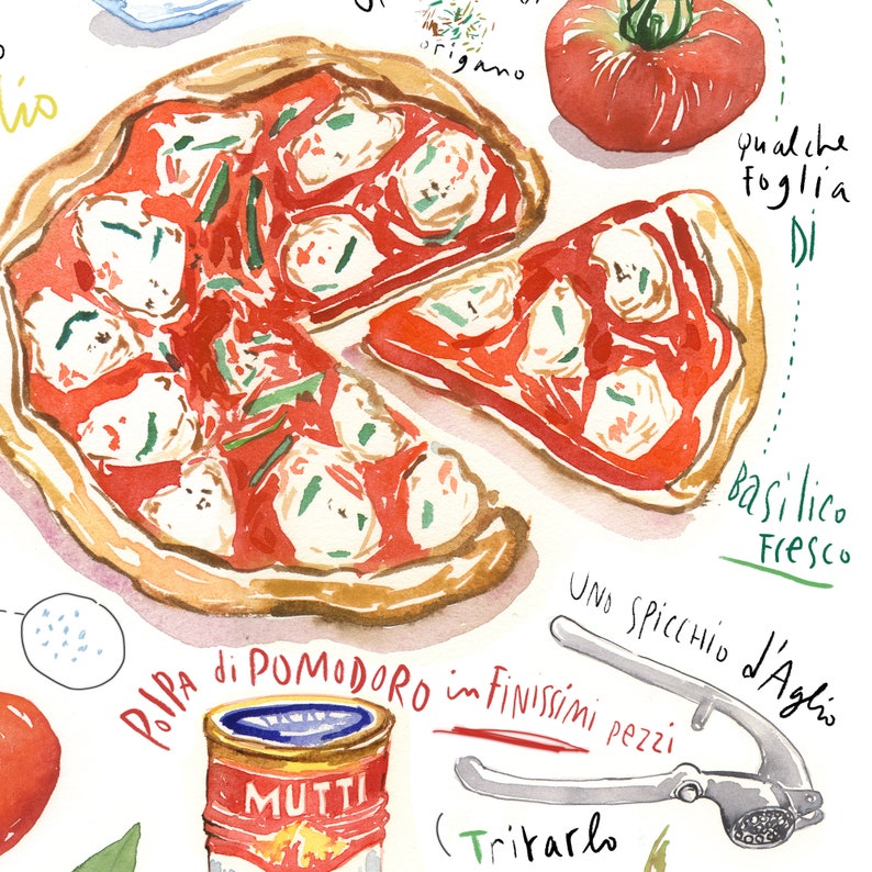 Neapolitan Pizza print, Italy food poster, Recipe artwork, Watercolor painting, Italian kitchen decor, European cuisine, Colorful wall art image 6