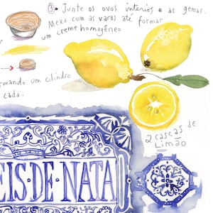 Pasteis de Nata recipe poster, Signed fine art print, Portugal food artwork, Watercolor Portuguese pastry, Blue kitchen wall art, Home decor image 5