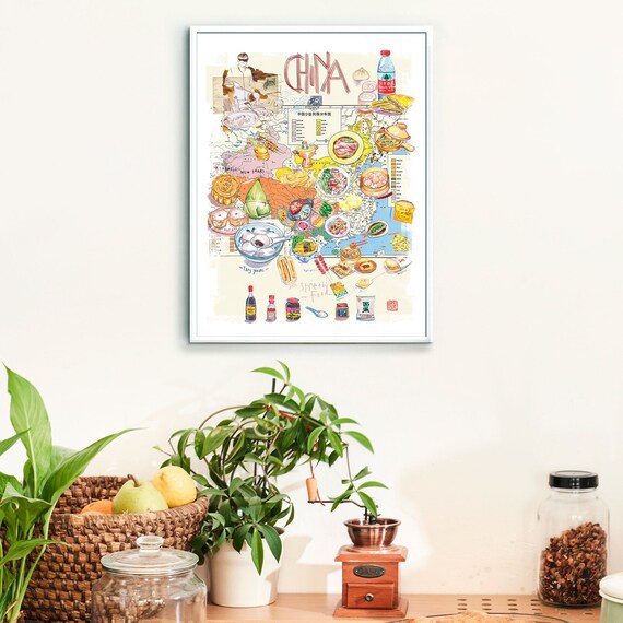 Chinese Food Map Poster, Asian Kitchen Wall Art, Watercolor ...