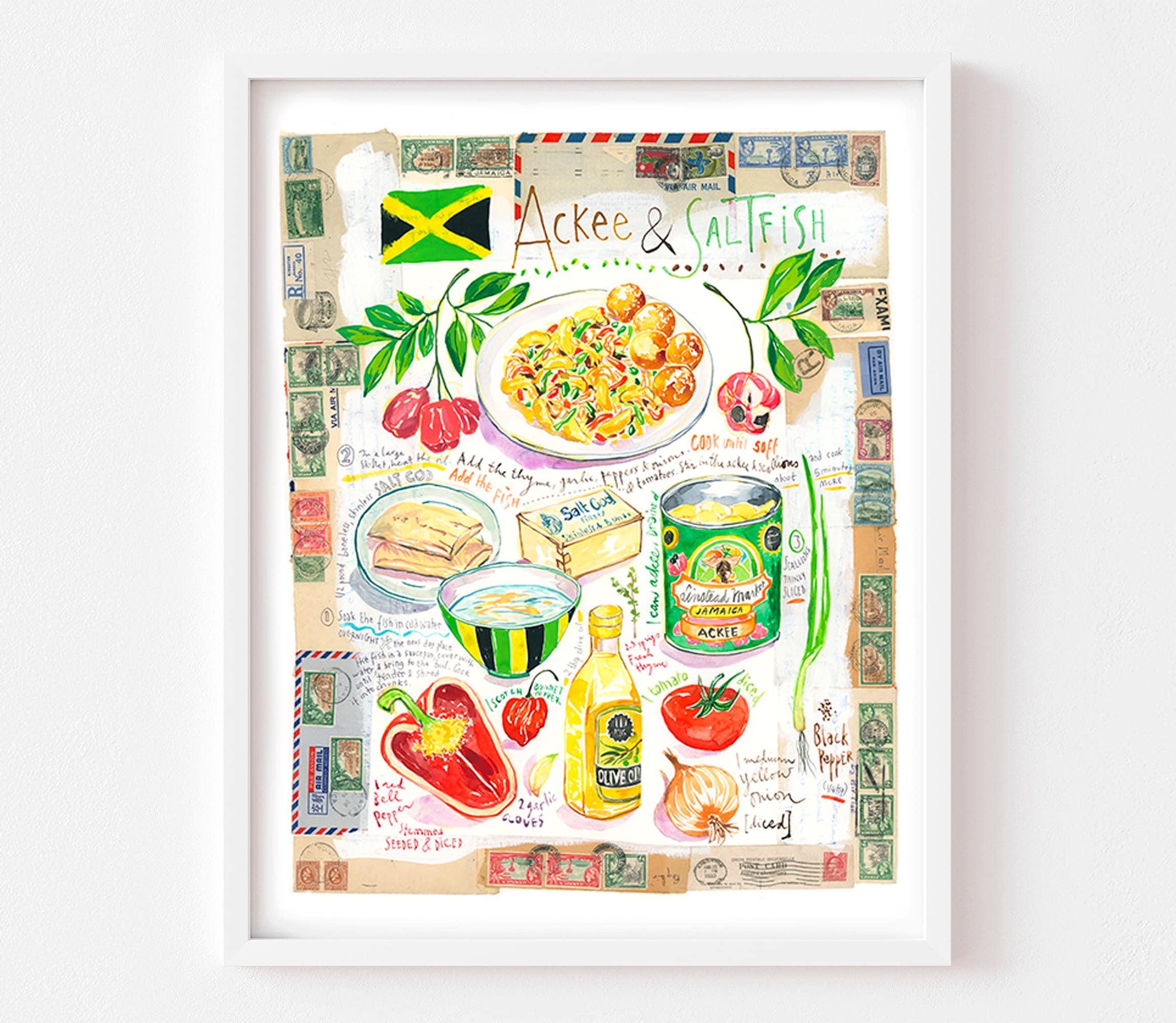 Jamaica Ackee and Saltfish illustrated recipe fine art print, Caribbean kitchen wall decor, Jamaican food watercolor painting, Jamaican gift