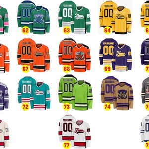 May include: A collection of hockey jerseys in various colors, including green, orange, yellow, purple, and white. Each jersey features a team name, the number "00", and other design elements. The jerseys are displayed in pairs.