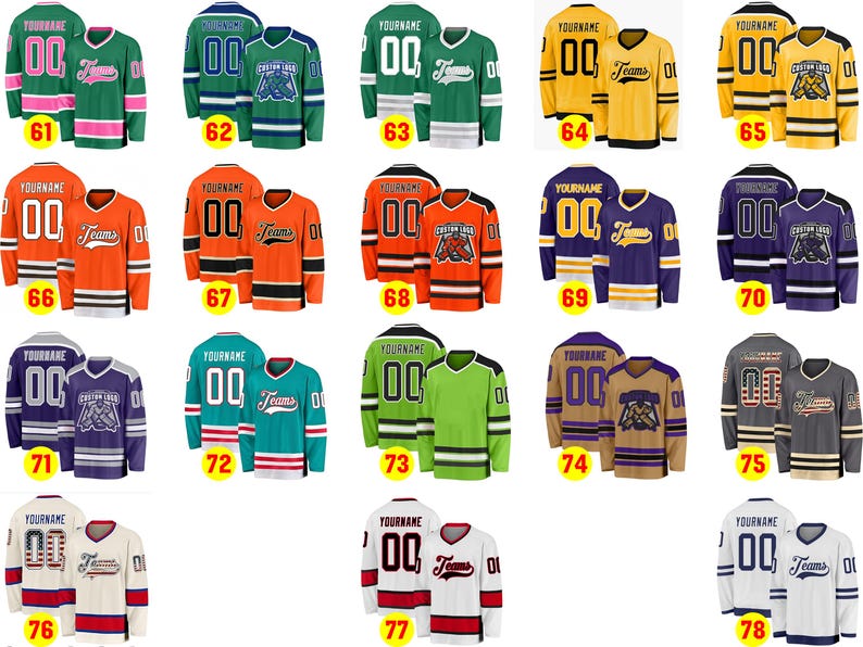 May include: A collection of hockey jerseys in various colors, including green, orange, yellow, purple, and white. Each jersey features a team name, the number "00", and other design elements. The jerseys are displayed in pairs.